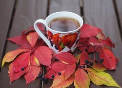 Kubek herbaty wśród jesiennych liści
