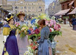 Obraz, Malarstwo, Louis Marie de Schryver, Kobiety, Ulica, Domy, Kwiaty