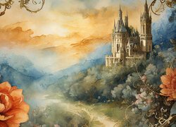 Kwiaty i zamek w górach w malarstwie