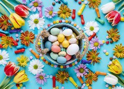 Wielkanoc, Miseczka, Pisanki, Kwiaty, Baloniki