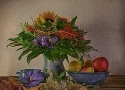 Kwiaty w wazonie obok miski z owocami w grafice