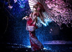 Lalka, Parasolka, Japonka, Kimono, Deszcz