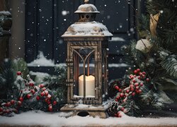 Lampion z ozdobną gałązką świąteczną