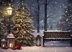 Boże Narodzenie, Choinka, Lampiony, Park, Ławka, Grafika