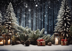 Boże Narodzenie, Choinki, Drzewa, Lampiony, Szyszki, Prezenty, Dekoracja, Grafika, Kompozycja
