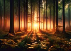 Las, Drzewa, Paprocie, Przebijające światło, Wschód słońca, 2D