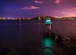 Australia, Sydney, Latarnia morska Bradleys Head Light, Morze, Miasto nocą