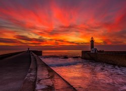 Portugalia, Porto, Morze, Latarnia morska, Felgueiras Lighthous Zachód słońca