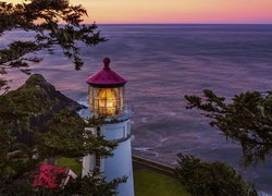 Latarnia morska, Heceta Head Lighthouse, Morze, Drzewa, Stan Oregon, Stany Zjednoczone