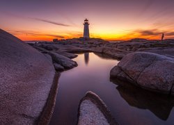 Latarnia morska, Peggys Cove, Skały, Człowiek, Zachód słońca, Halifax, Kanada
