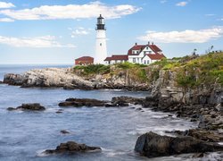 Latarnia morska, Portland Head Light, Morze, Skały, Cape Elizabeth, Stan Maine, Stany Zjednoczone