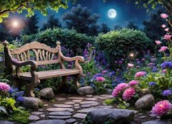 Ławka i ogród w blasku księżyca