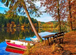 Ławka z widokiem na łódkę przy pomoście i drzewa nad jeziorem