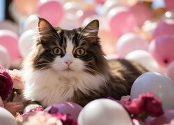 Leżący kot wśród kolorowych baloników