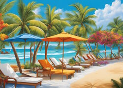 Leżaki pod parasolami i palmami na plaży w grafice