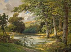 Obraz, Alois Arnegger, Malarstwo, Jezioro, Łódka, Ludzie, Drzewa