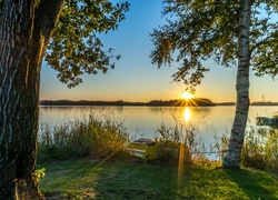 Łódka wśród drzew przy brzegu jeziora w promieniach wschodzącego słońca