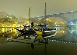 Most, Ponte Dom Luis I, Rzeka Duero, Łodzie, Domy, Wieczór, Światła, Porto, Portugalia