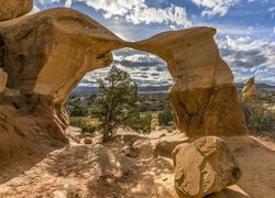 Skały, Łuk skalny, Metate Arch, Drzewa, Devils Garden, Park Narodowy Arches, Stan Utah, Stany Zjednoczone