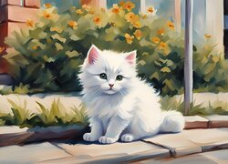 Mały biały kotek i kwiaty przed domem