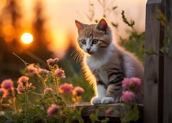 Mały kotek i kwiaty przy ogrodzeniu