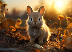 Mały króliczek i rośliny na tle zachodu słońca