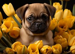 Mały mops wśród żółtych tulipanów