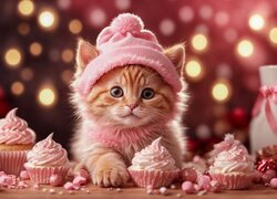 Mały rudy kotek w różowej czapeczce obok babeczek z kremem