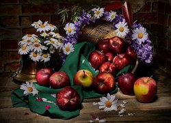 Owoce, Koszyk, Jabłka, Kwiaty, Margerytki, Kompozycja