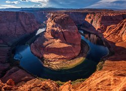 Park Narodowy Glen Canyon, Kanion, Skały, Rzeka, Kolorado River, Horseshoe Bend, Zachód słońca, Arizona, Stany Zjednoczone