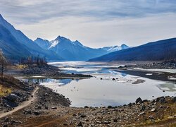 Góry, Jezioro, Medicine Lake, Drzewa, Kamienie, Park Narodowy Jasper, Alberta, Kanada