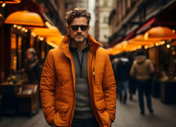 Mężczyzna w pomarańczowej kurtce i okularach słonecznych na ulicy wieczorem