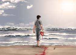 Mężczyzna zapatrzony w morze z krwawiącym sercem w dłoni
