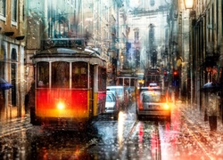 Miejski ruch uliczny w deszczu