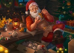 Mikołaj ozdabiający bombki w grafice