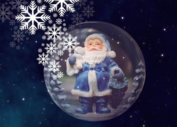 Mikołaj w kuli z płatkami śniegu w tle