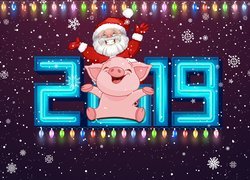 Mikołajek i świnka na tle neonu 2019