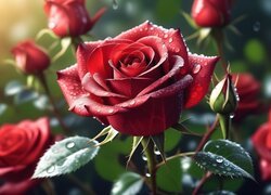 Mokra czerwona róża i liście