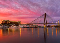 Australia, Sydney, Zatoka Black Wattle, Most Anzac Bridge, Łodzie, Wieżowce, Zachód słońca