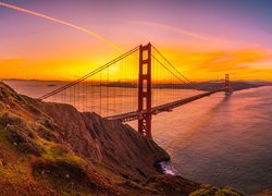 Stany Zjednoczone, Stan Kalifornia, Skały, Most, Golden Gate Bridge, Cieśnina Golden Gate, Zachód słońca