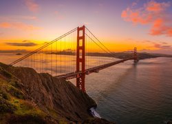Stany Zjednoczone, Stan Kalifornia, Skały, Most Golden Gate Bridge, Cieśnina Golden Gate, Zachód słońca