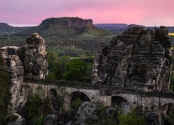 Most, Skały, Formacja skalna, Bastei, Zachód słońca, Góry Połabskie, Park Narodowy Saskiej Szwajcarii, Niemcy
