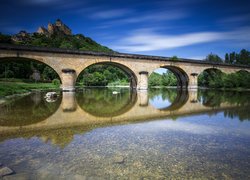 Most, Rzeka Dordogne, Wzgórze, Zamek, Chateau Castelnaud la Chapelle, Drzewa, Perigord, Francja