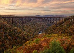 Stany Zjednoczone, Wirginia Zachodnia, Wąwóz, Rzeka, Most, New River Gorge Bridge, Jesień, Lasy