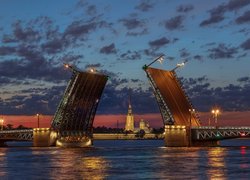 Zwodzony, Most Pałacowy, Rzeka Newa, Domy, Niebo, Noc, Petersburg, Rosja