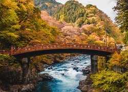 Rzeka, Daiya River, Most, Shinkyo Bridge, Góry, Drzewa, Jesień, Nikko, Japonia