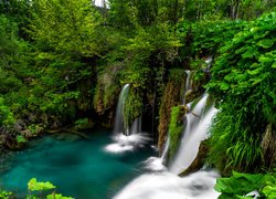 Park Narodowy Jezior Plitwickich, Jezioro, Zielone, Rośliny, Most, Wodospady, Chorwacja
