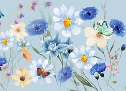 Kolorowe, Kwiaty, Grafika, Motyle