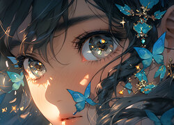 Twarz, Dziewczyna, Niebieskie, Motyle, Anime