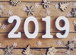 Nowy Rok, 2019, Ozdoby, Śnieżynki, Choinki, Deski